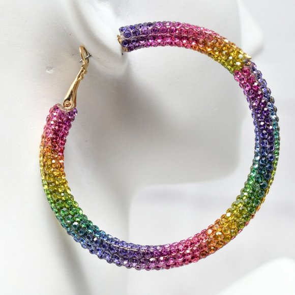 Hoop Earrings & Bracelet Set Pave Crystals Rainbow Iridescent - Picture 15 of 15